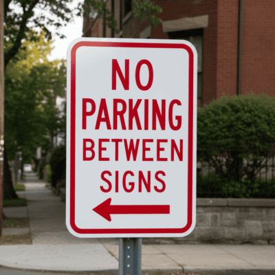 No Parking Between Signs (Left Arrow)