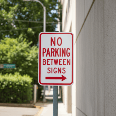 No Parking Between Signs (Right Arrow)