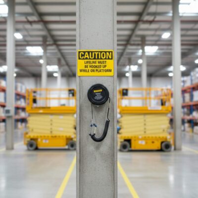 Caution Lifeline must be hooked up while on platform