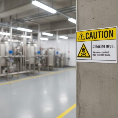 Caution Chlorine area. Hazardous contact may result in