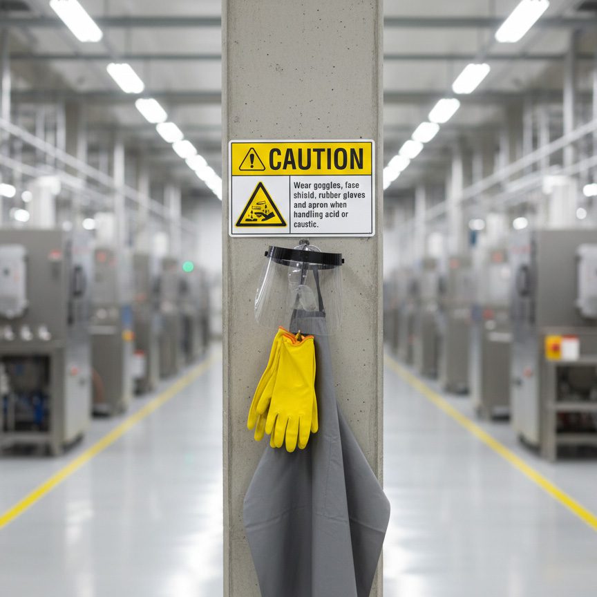 Caution Wear goggles face shield rubber gloves and ap