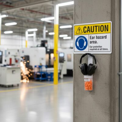 Caution Ear hazard area. Ear protection required at all