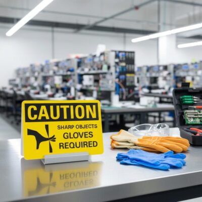 Caution Sharp objects gloves required