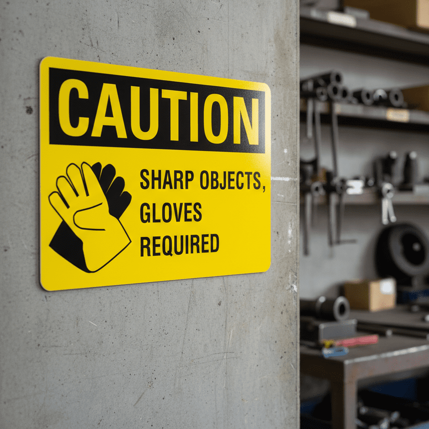 Caution Sharp Objects Gloves Required with symbol - Image 2