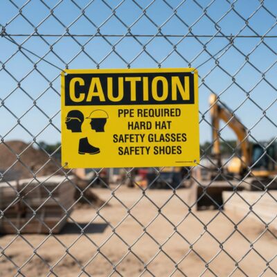 Caution PPE required hard hat safety glasses safety