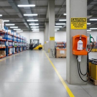 Caution Corrosive materials wear required protection