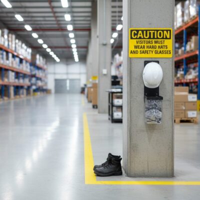 Caution Visitors must wear hard hats and safety glasses
