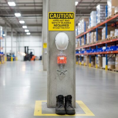 Caution Hard hat and safety glasses required beyond this