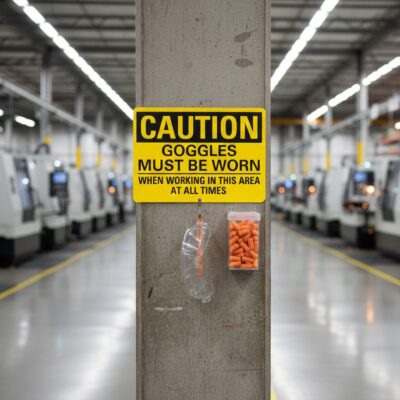 Caution Goggles must be worn when working in this area