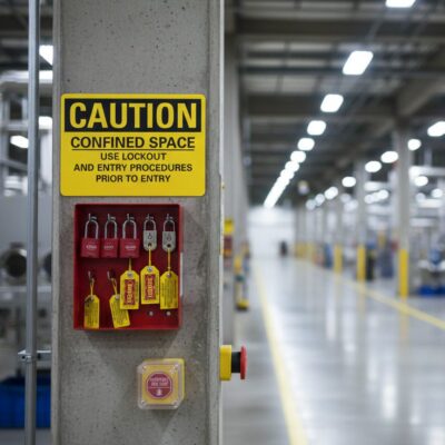 Caution Confined space use lockout and entry procedures