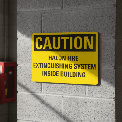 Caution Halon Fire Extinguishing System Inside