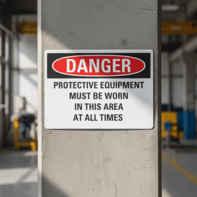 Danger Protective equipment must be worn in this area