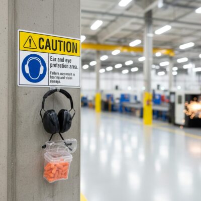 Caution Ear and eye protection area. Failure may result