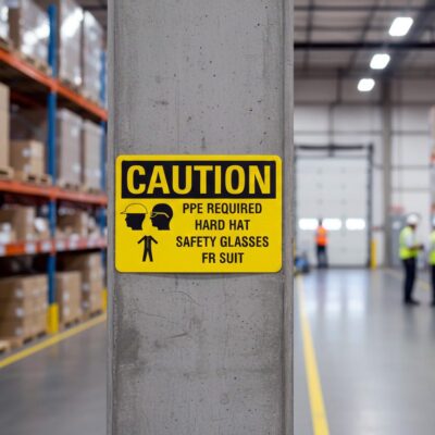 Caution PPE required hard hat safety glasses FR suit
