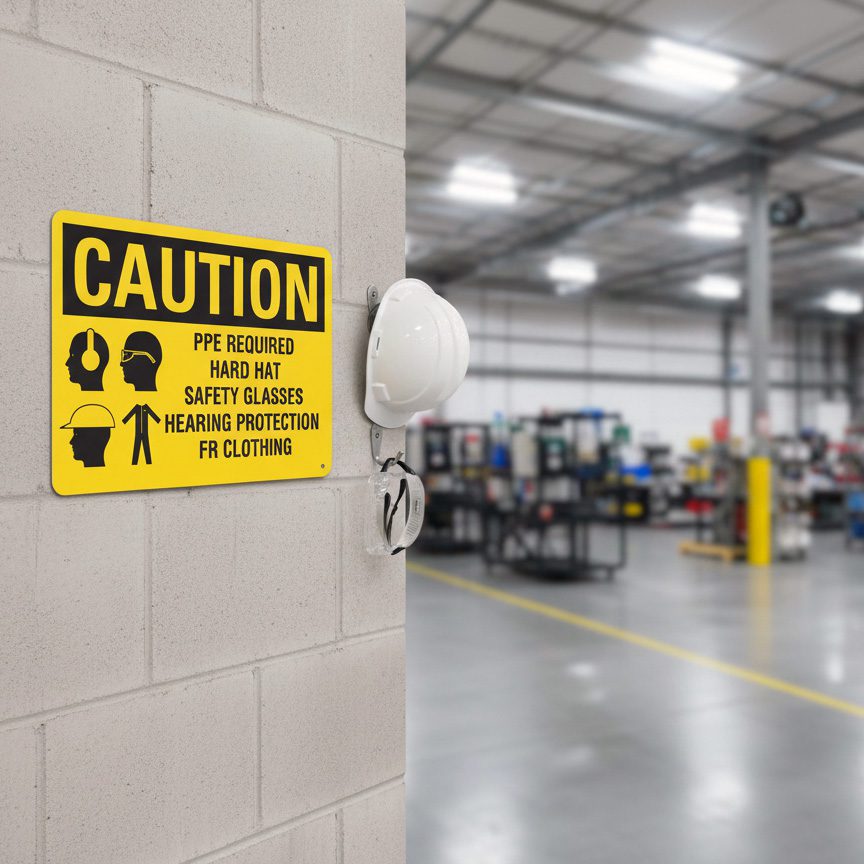 Caution PPE required hard hat safety glasses hearing
