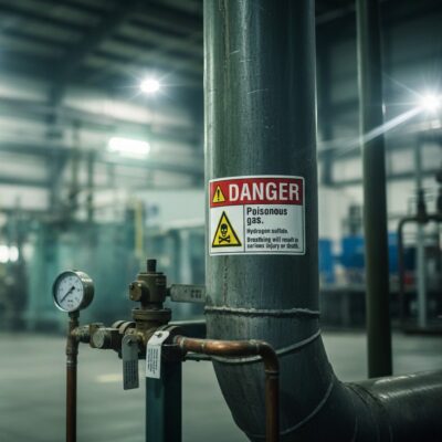 Danger Poisonous gas. Hydrogen sulfide. Breathing will