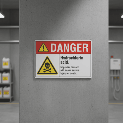 Danger Hydrochloric acid. Improper contact will cause