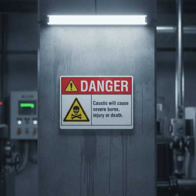 Danger Caustic Will cause severe burns injury or death