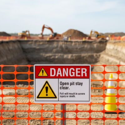 Danger Open pit. Stay clear. Fall will result in severe