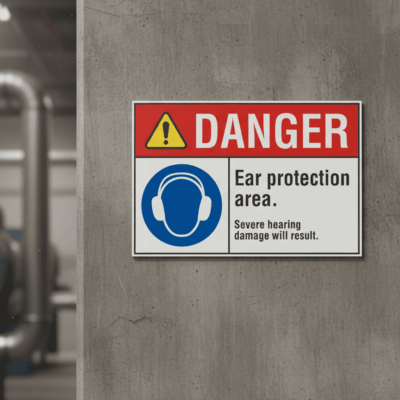 Danger Ear protection area. Severe hearing damage will