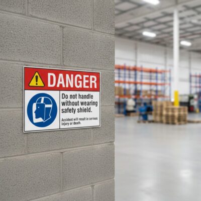 Danger Do not handle without wearing safety shield.