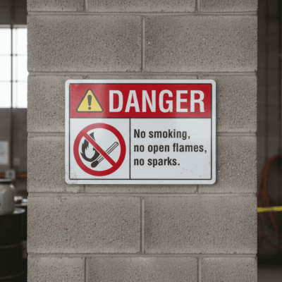 No smoking, no open flames, no sparks. English