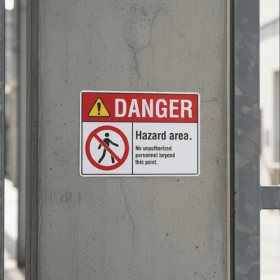 Danger Hazard area. No unauthorized personnel beyond