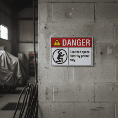 Danger Confined space. Enter by permit only.