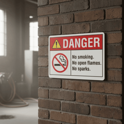 No smoking. No open flames. No sparks. English