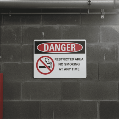 Danger Restricted area no smoking at any time