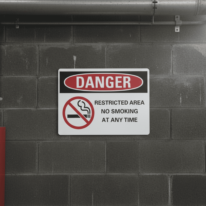 Danger Restricted area no smoking at any time