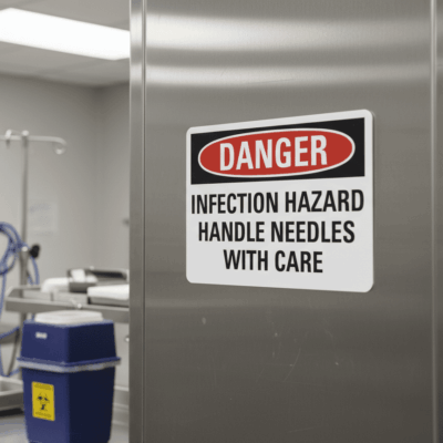 Danger Infection hazard handle needles with care