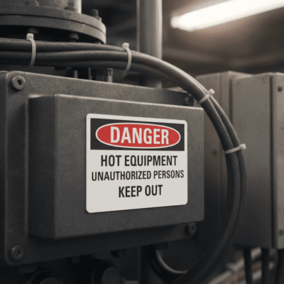 Danger Hot equipment unauthorized persons keep out