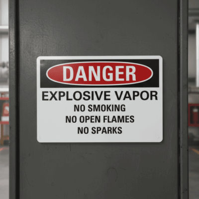 Danger Explosive vapor no smoking no open flames no