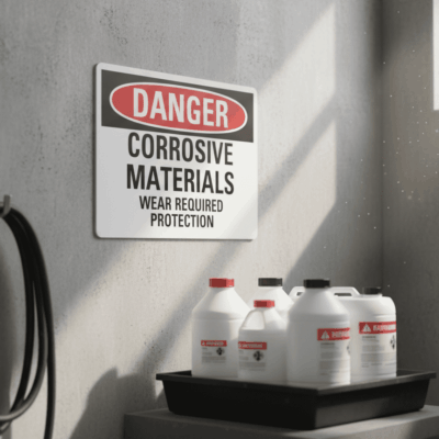 Danger Corrosive Materials Wear Required Protection