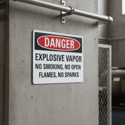 Danger Explosive Vapor No Smoking, No Open Flames, No Sparks