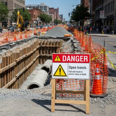 Danger Open trench. Fall will result in severe injury