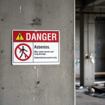Danger Asbestos. May cause cancer and lung damage.