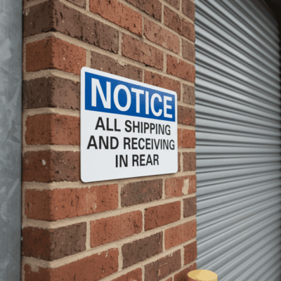 All Shipping and Receiving in Rear Notice Sign