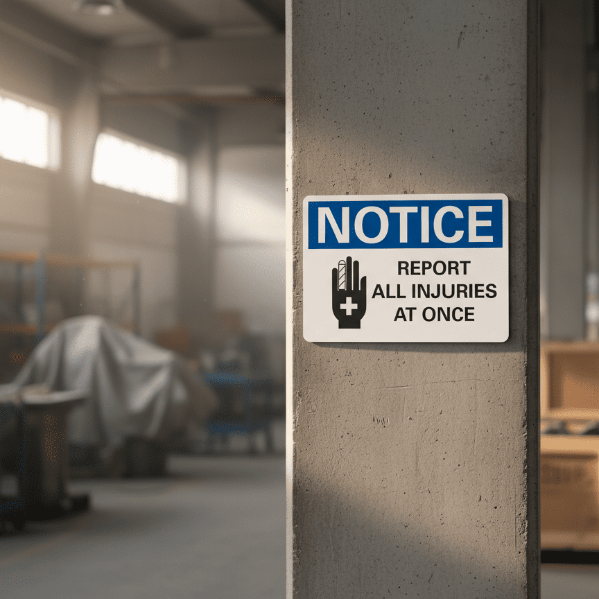 Report All Injuries At Once Notice Sign