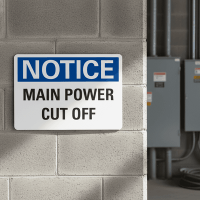 Main Power Cut Off Non-Reflective Plastic Notice Sign