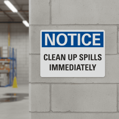 Clean Up Spills Immediately Notice Sign