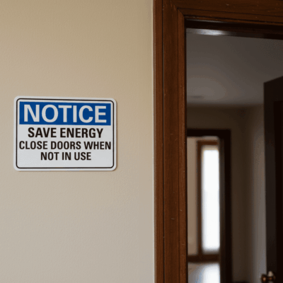 Save Energy Close Doors Notice Sign