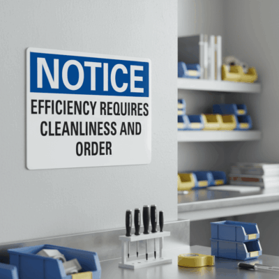 Notice Efficiency Requires Cleanliness and Order Sign