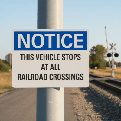 Vehicle Stops at Railroad Crossings Notice Sign