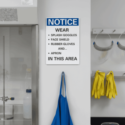 Notice Wear Splash Goggles Face Shield Rubber Gloves Sign